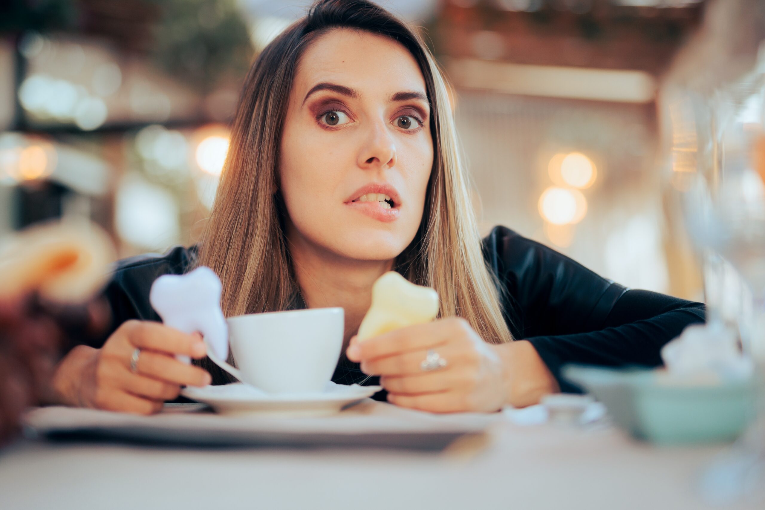 worried woman in a coffee shop, yellowing teeth